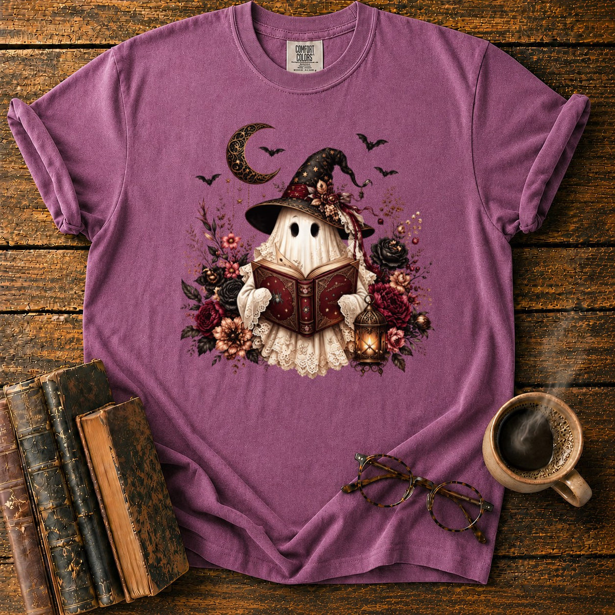 Gothic Ghost With Lantern And Roses T-Shirt in Berry – BooksThreads