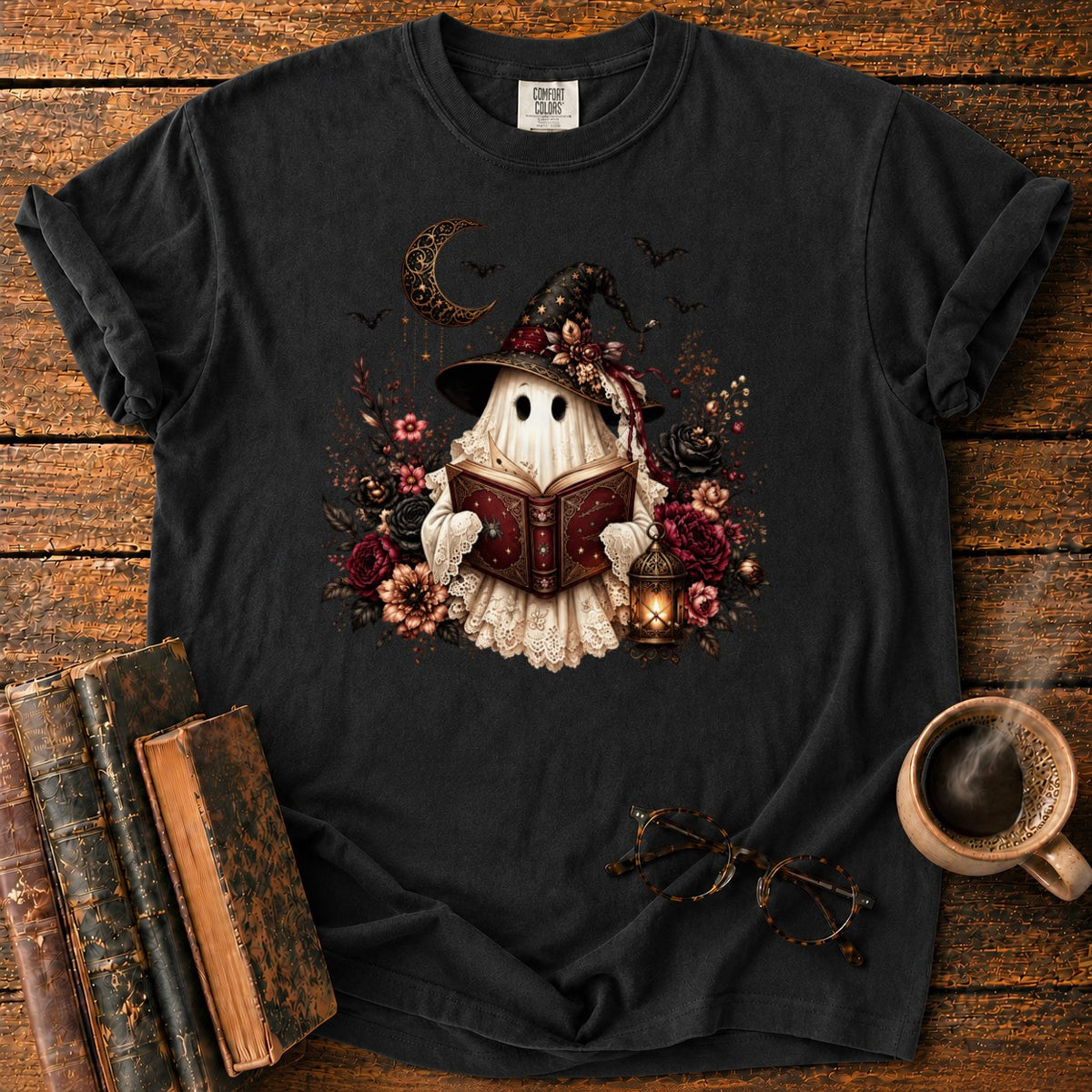 Gothic Ghost With Lantern And Roses T-Shirt in Black – BooksThreads