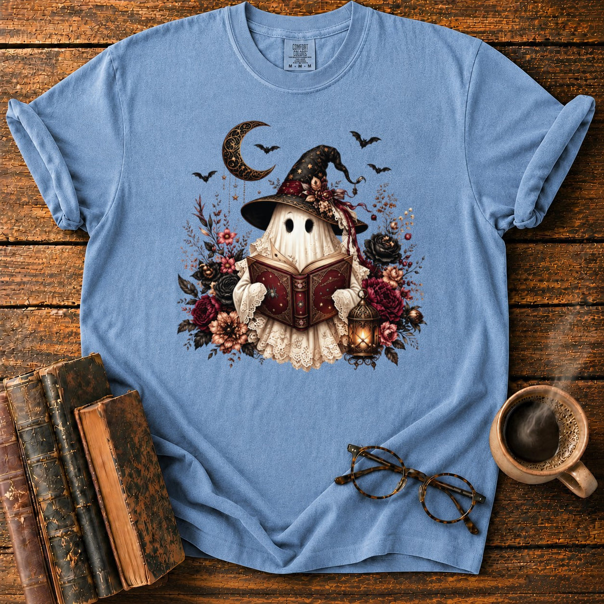 Gothic Ghost With Lantern And Roses T-Shirt in Blue Jean – BooksThreads