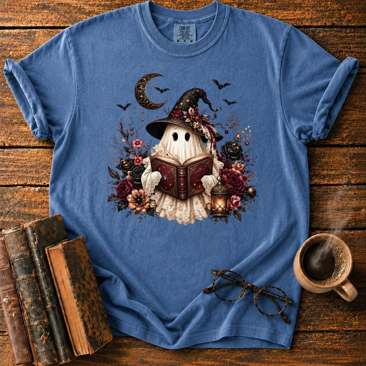 Gothic Ghost With Lantern And Roses T-Shirt in Denim – BooksThreads