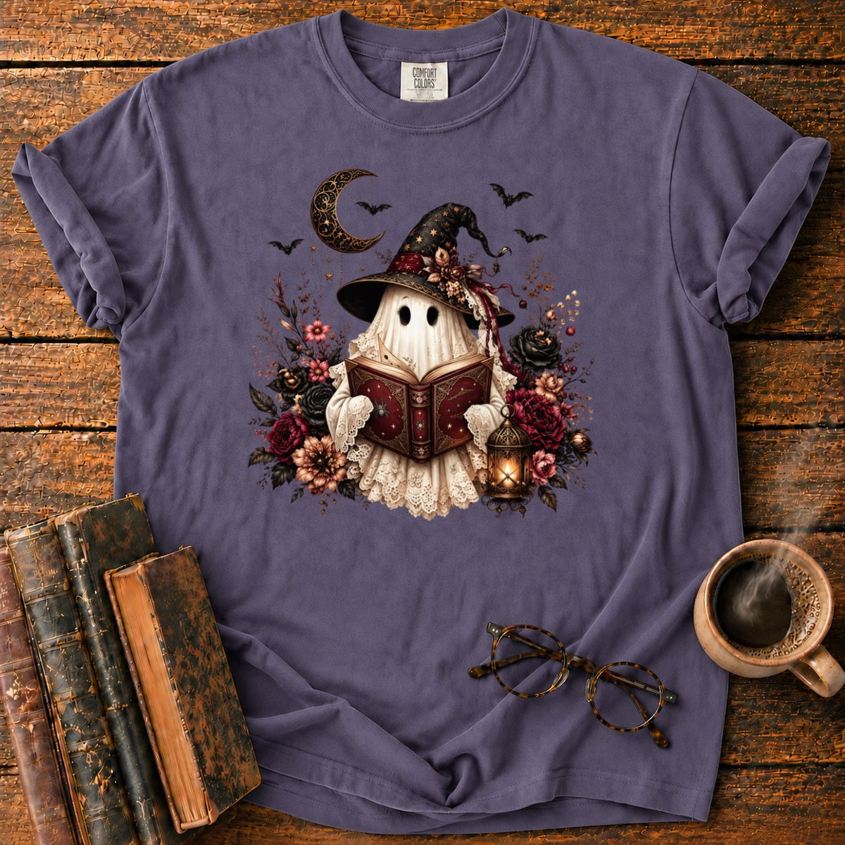 Gothic Ghost With Lantern And Roses T-Shirt in Grape – BooksThreads