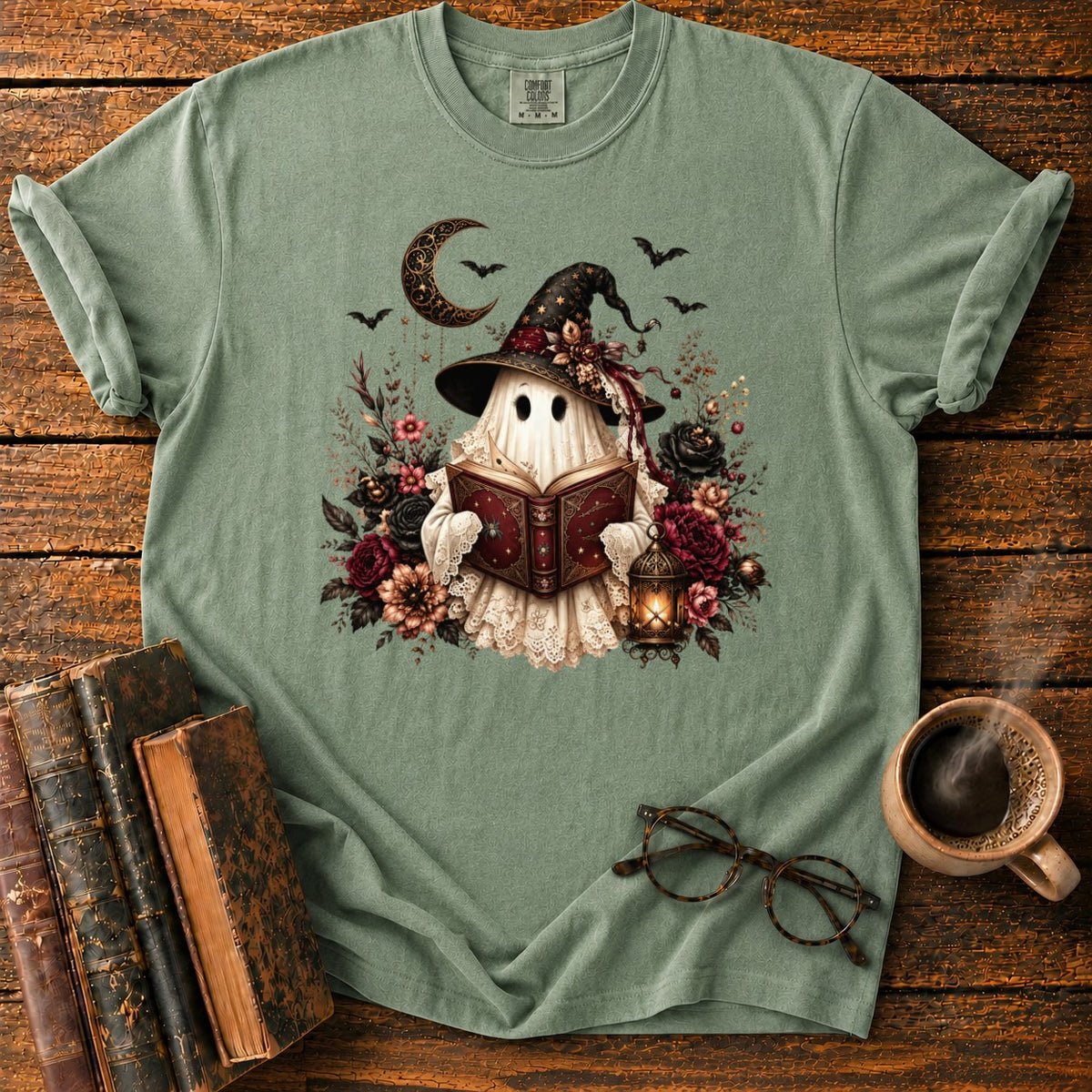 Gothic Ghost With Lantern And Roses T-Shirt in Moss – BooksThreads