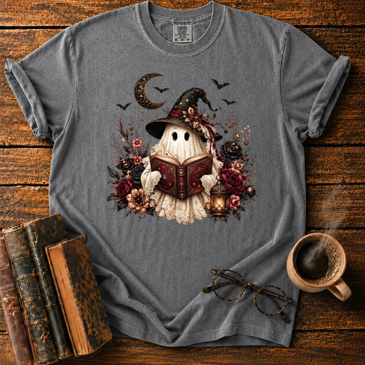 Gothic Ghost With Lantern And Roses T-Shirt in Pepper – BooksThreads