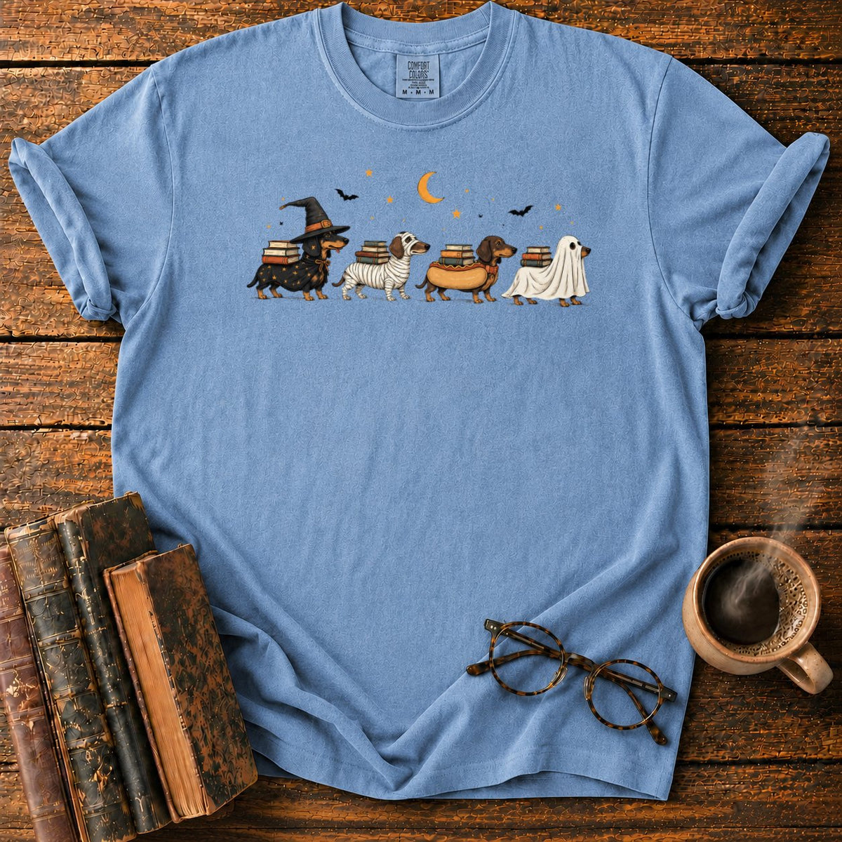 Halloween Dachshund Book Parade T-Shirt in Blue Jean – BooksThreads
