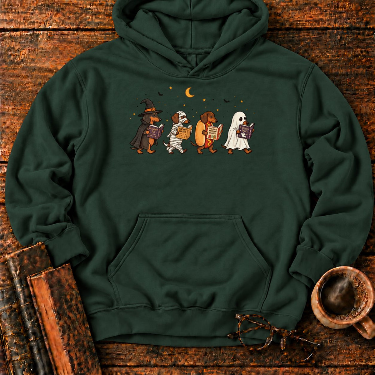 Halloween Dachshunds Reading Hoodie in Forest Green – BooksThreads