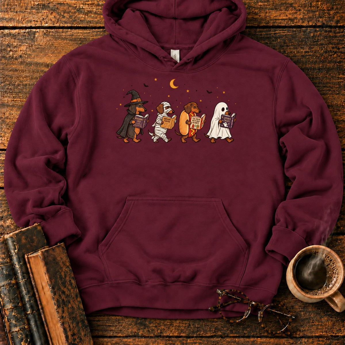 Halloween Dachshunds Reading Hoodie in Maroon – BooksThreads