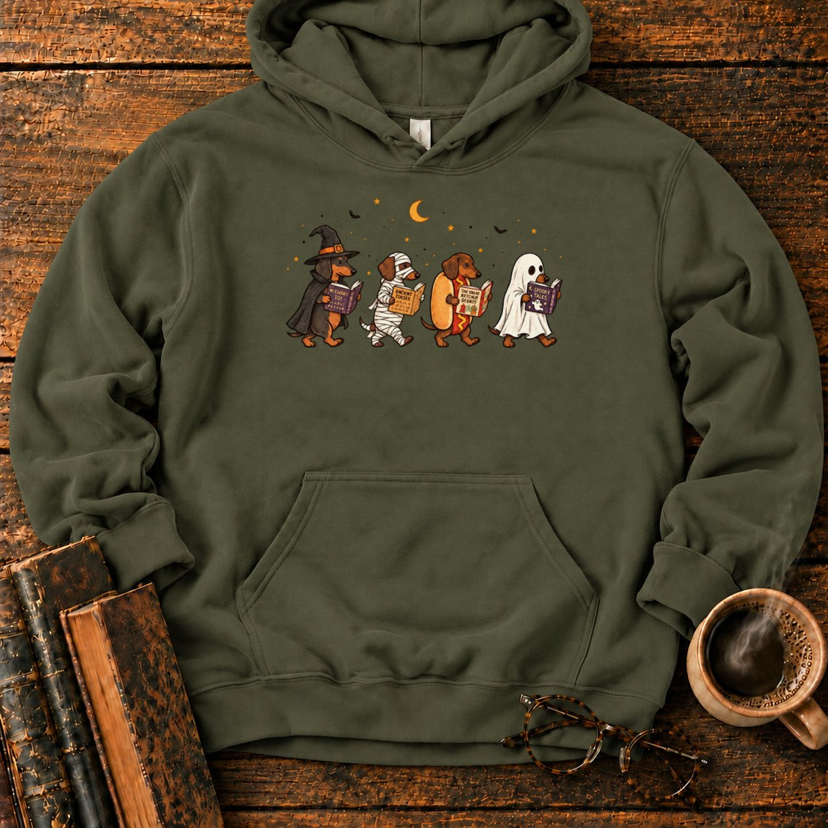 Halloween Dachshunds Reading Hoodie in Military Green – BooksThreads