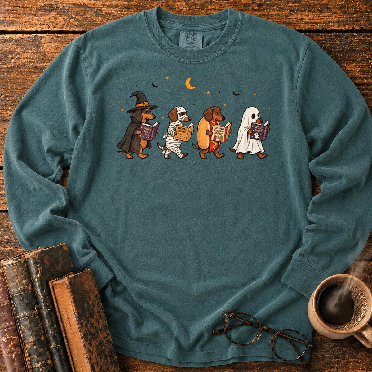Halloween Dachshunds Reading LS T-Shirt in Blue Spruce – BooksThreads