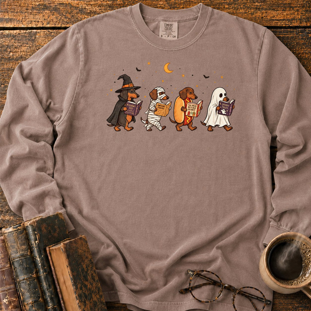 Halloween Dachshunds Reading LS T-Shirt in Espresso – BooksThreads