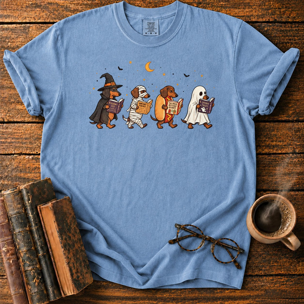 Halloween Dachshunds Reading T-Shirt in Blue Jean – BooksThreads