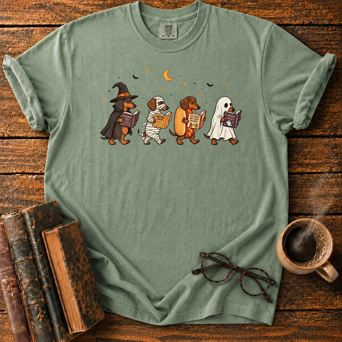 Halloween Dachshunds Reading T-Shirt in Moss – BooksThreads