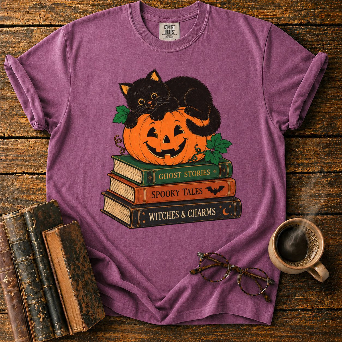 Halloween Kitten Book Stack T-Shirt in Berry – BooksThreads