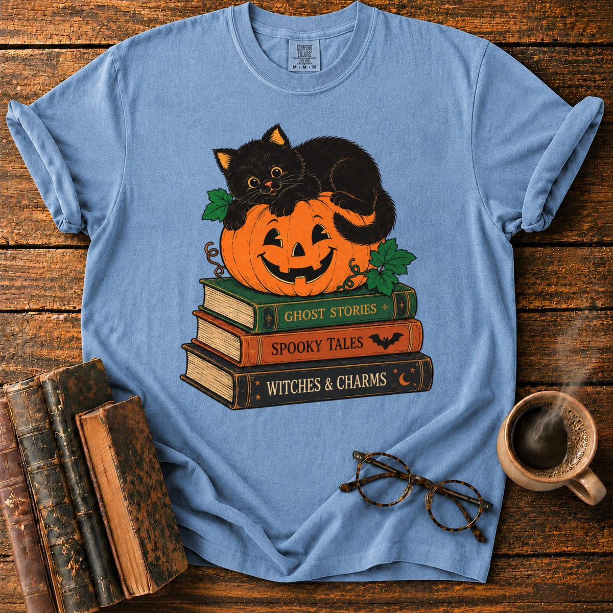 Halloween Kitten Book Stack T-Shirt in Blue Jean – BooksThreads