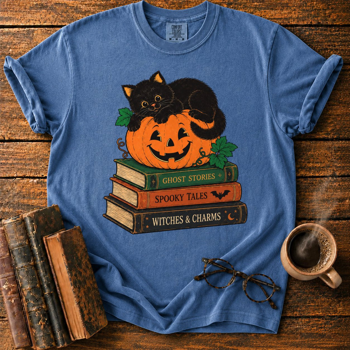 Halloween Kitten Book Stack T-Shirt in Denim – BooksThreads