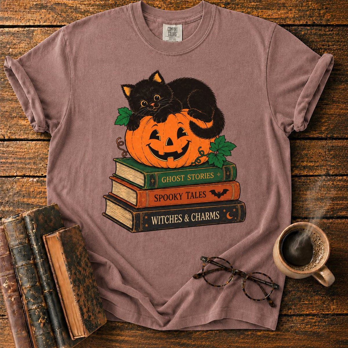Halloween Kitten Book Stack T-Shirt in Espresso – BooksThreads
