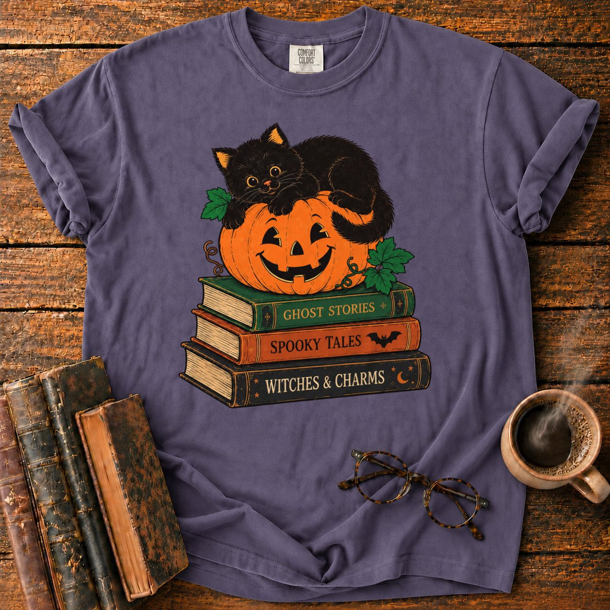 Halloween Kitten Book Stack T-Shirt in Grape – BooksThreads