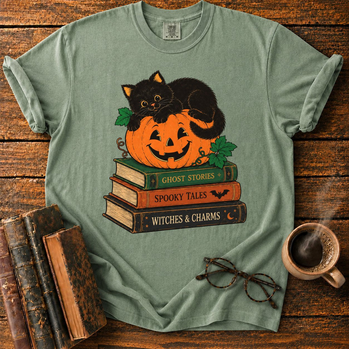 Halloween Kitten Book Stack T-Shirt in Moss – BooksThreads