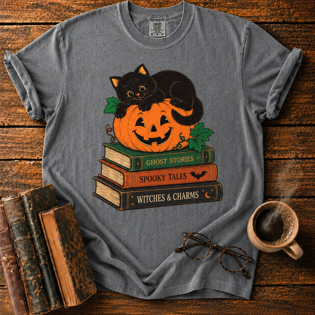 Halloween Kitten Book Stack T-Shirt in Pepper – BooksThreads