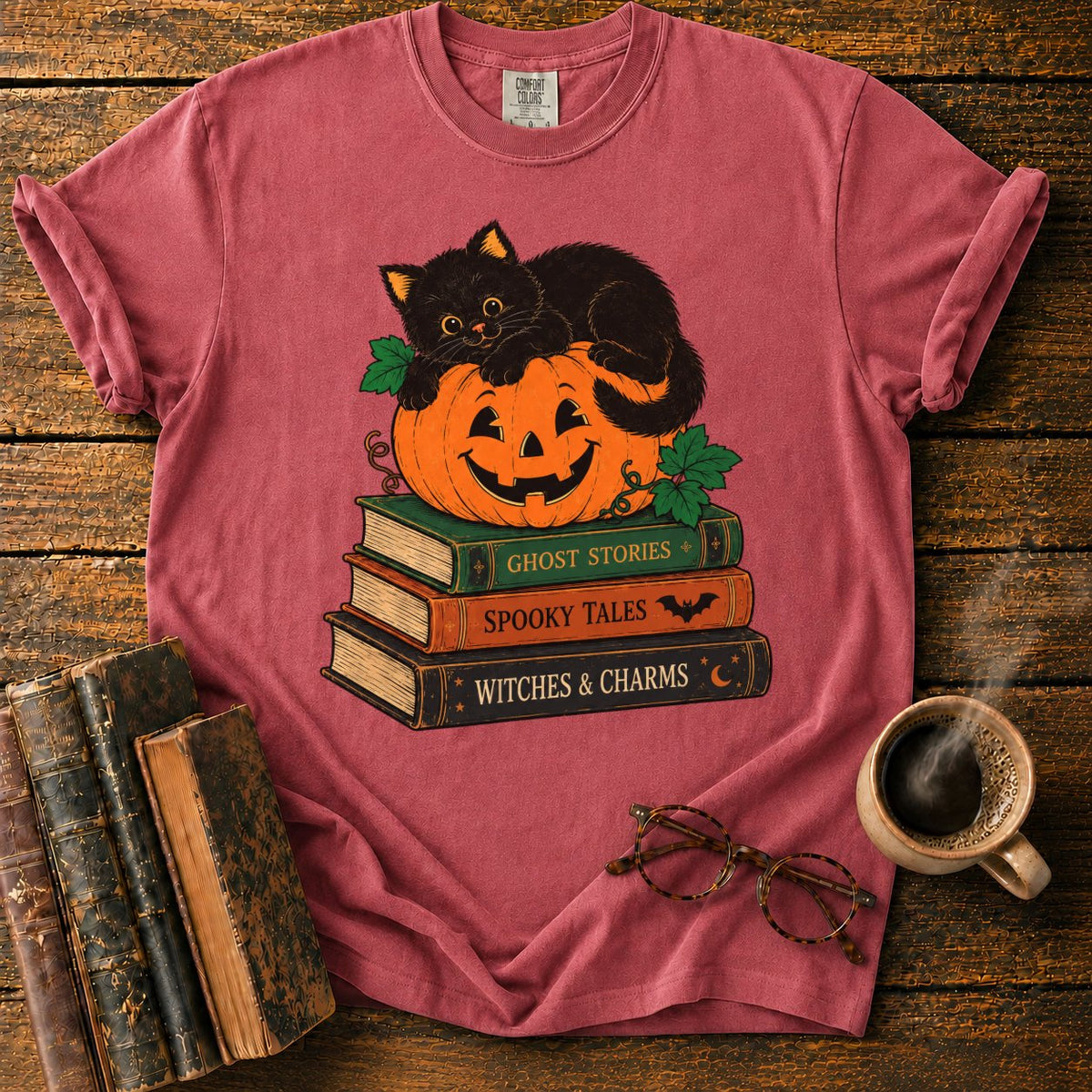 Halloween Kitten Book Stack T-Shirt in Watermelon – BooksThreads