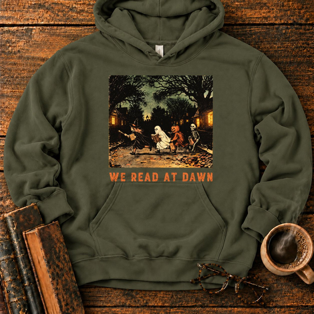Halloween Readers At Dawn Hoodie in Military Green – BooksThreads