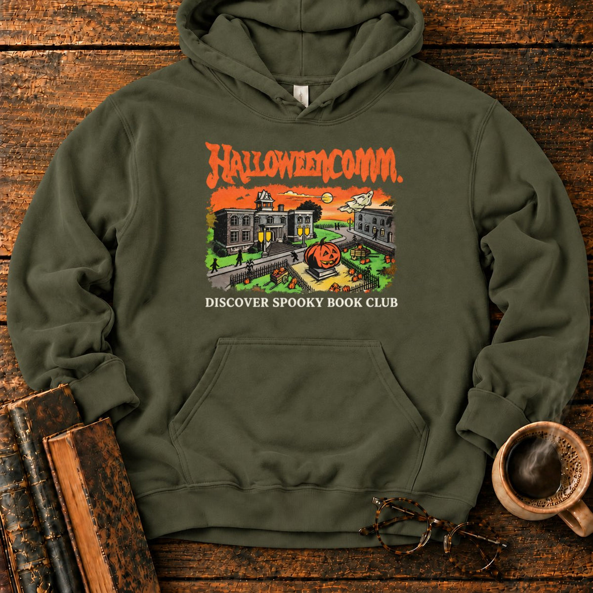 Halloweencomm Spooky Book Club Hoodie in Military Green – BooksThreads