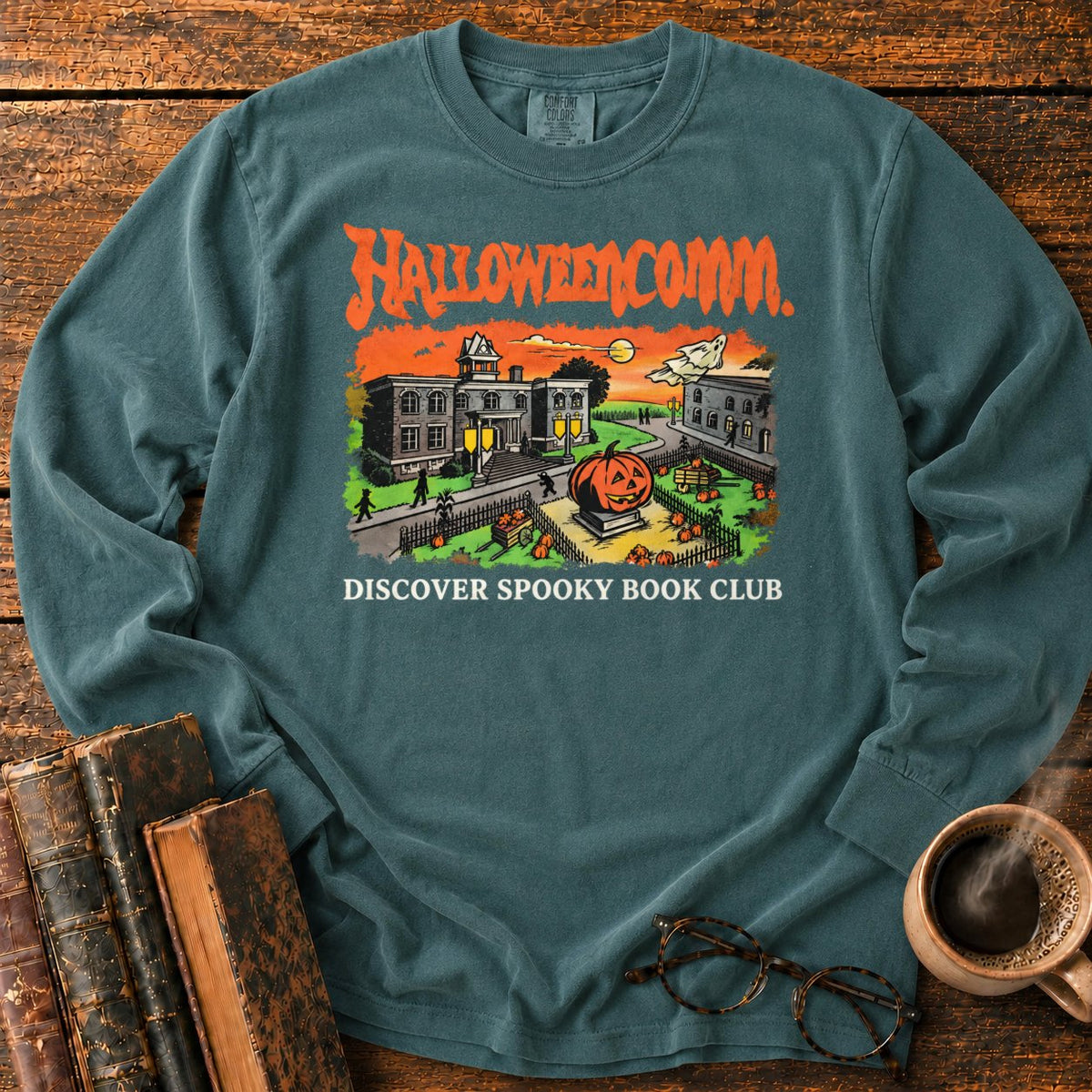 Halloweencomm Spooky Book Club LS T-Shirt in Blue Spruce – BooksThreads