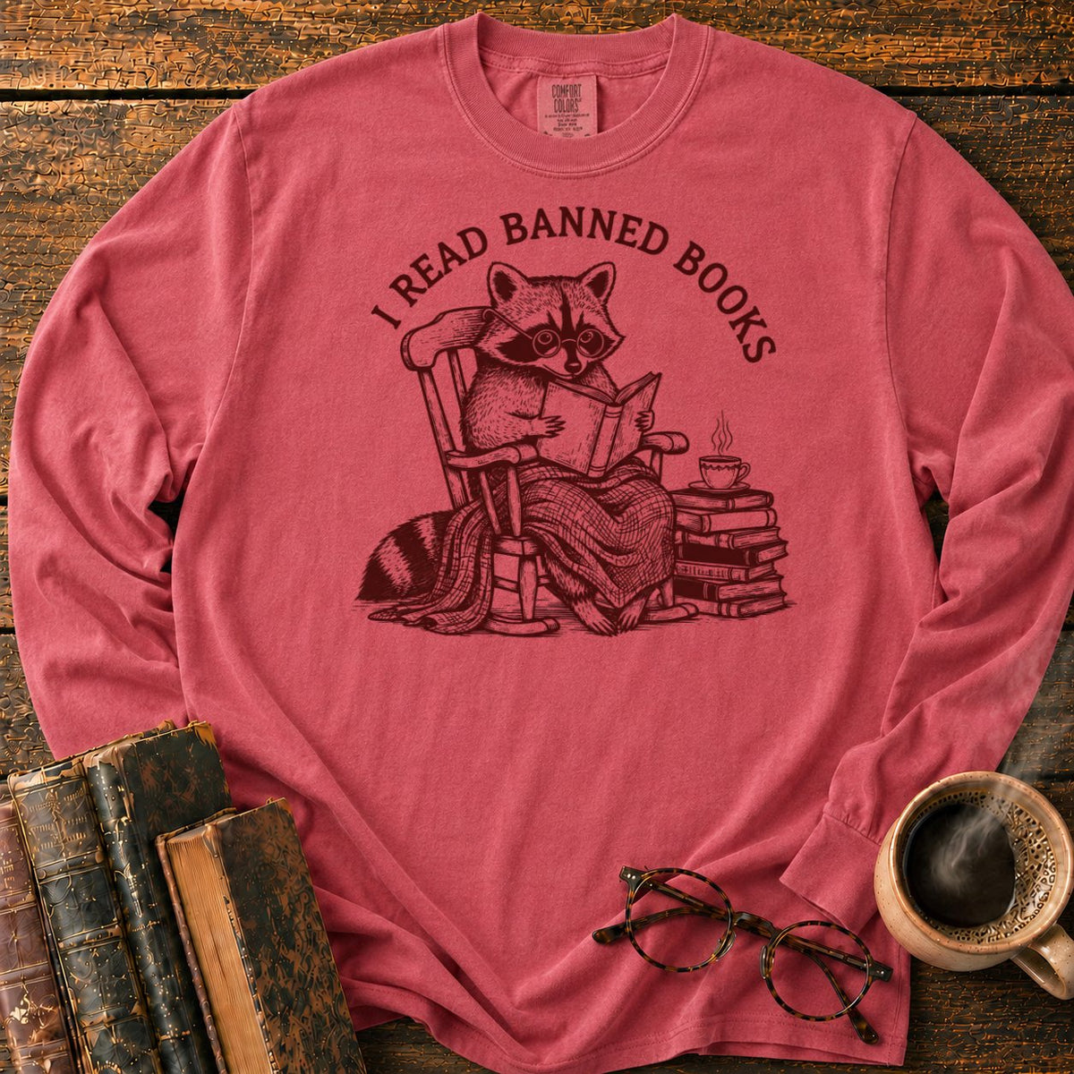 I Read Banned Books Raccoon LS T-Shirt in Crimson – BooksThreads