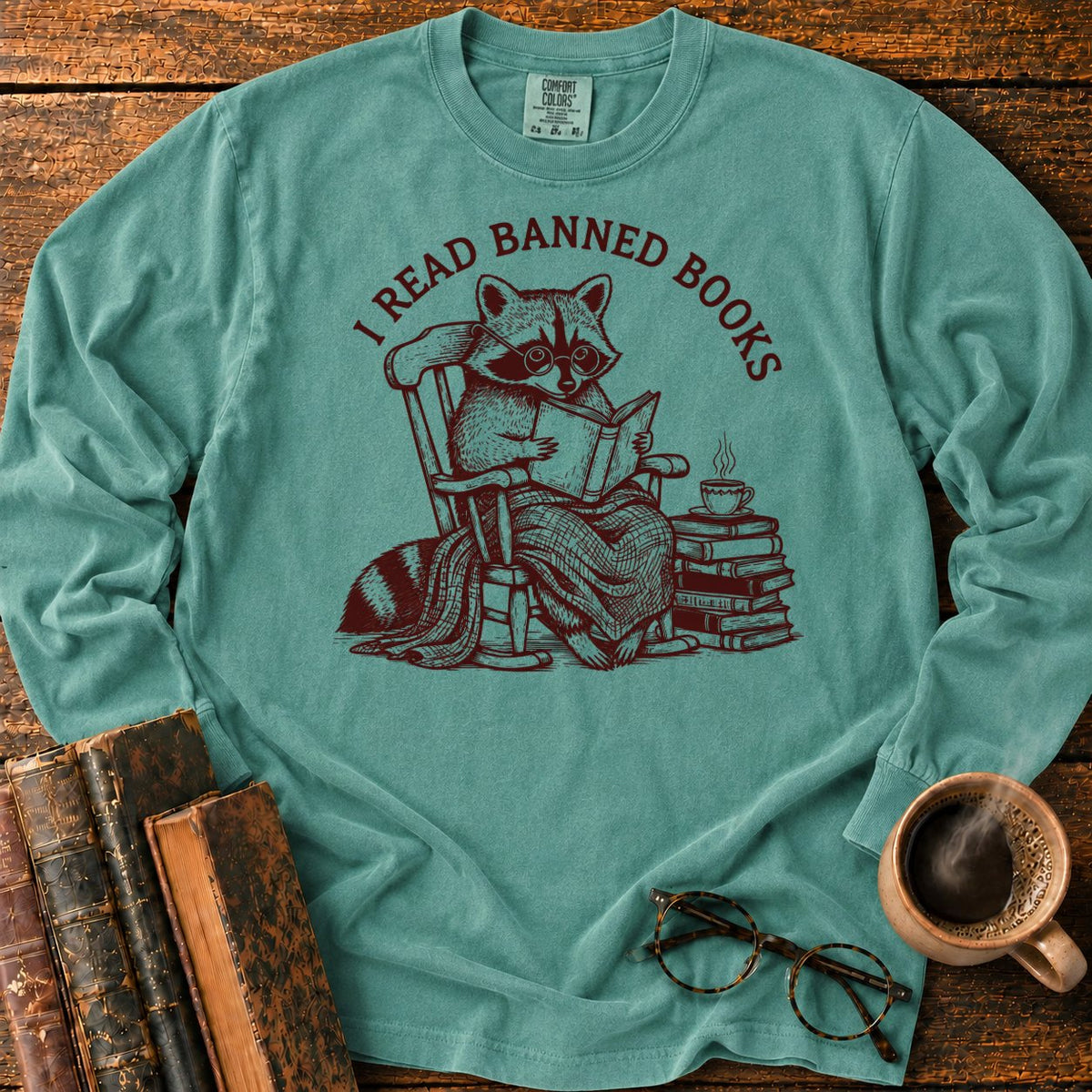 I Read Banned Books Raccoon LS T-Shirt in Light Green – BooksThreads