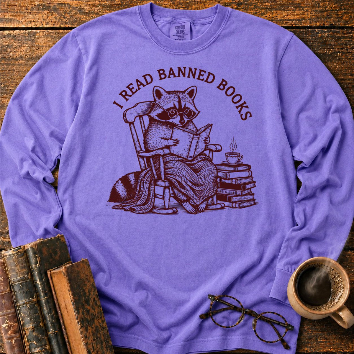 I Read Banned Books Raccoon LS T-Shirt in Violet – BooksThreads