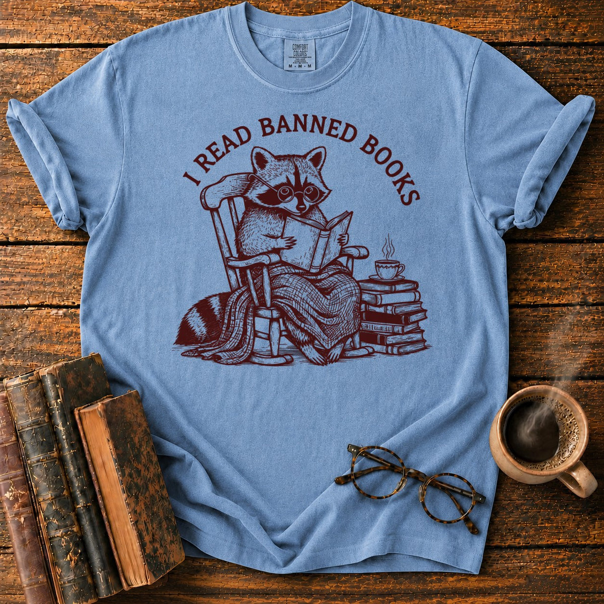 I Read Banned Books Raccoon T-Shirt in Blue Jean – BooksThreads