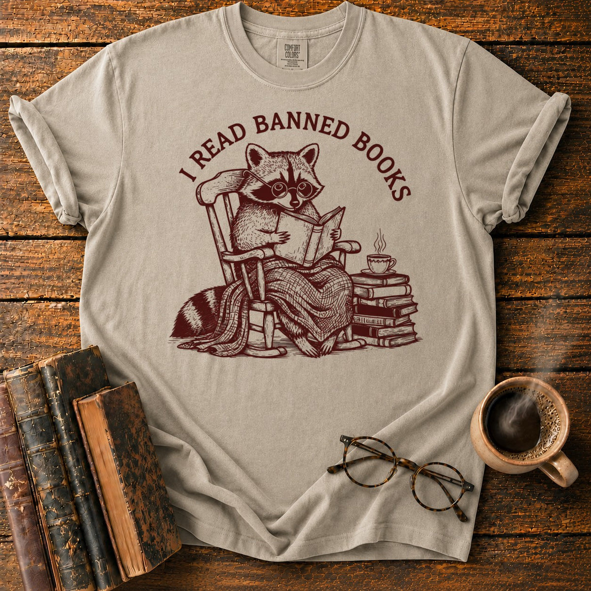 I Read Banned Books Raccoon T-Shirt in Khaki – BooksThreads
