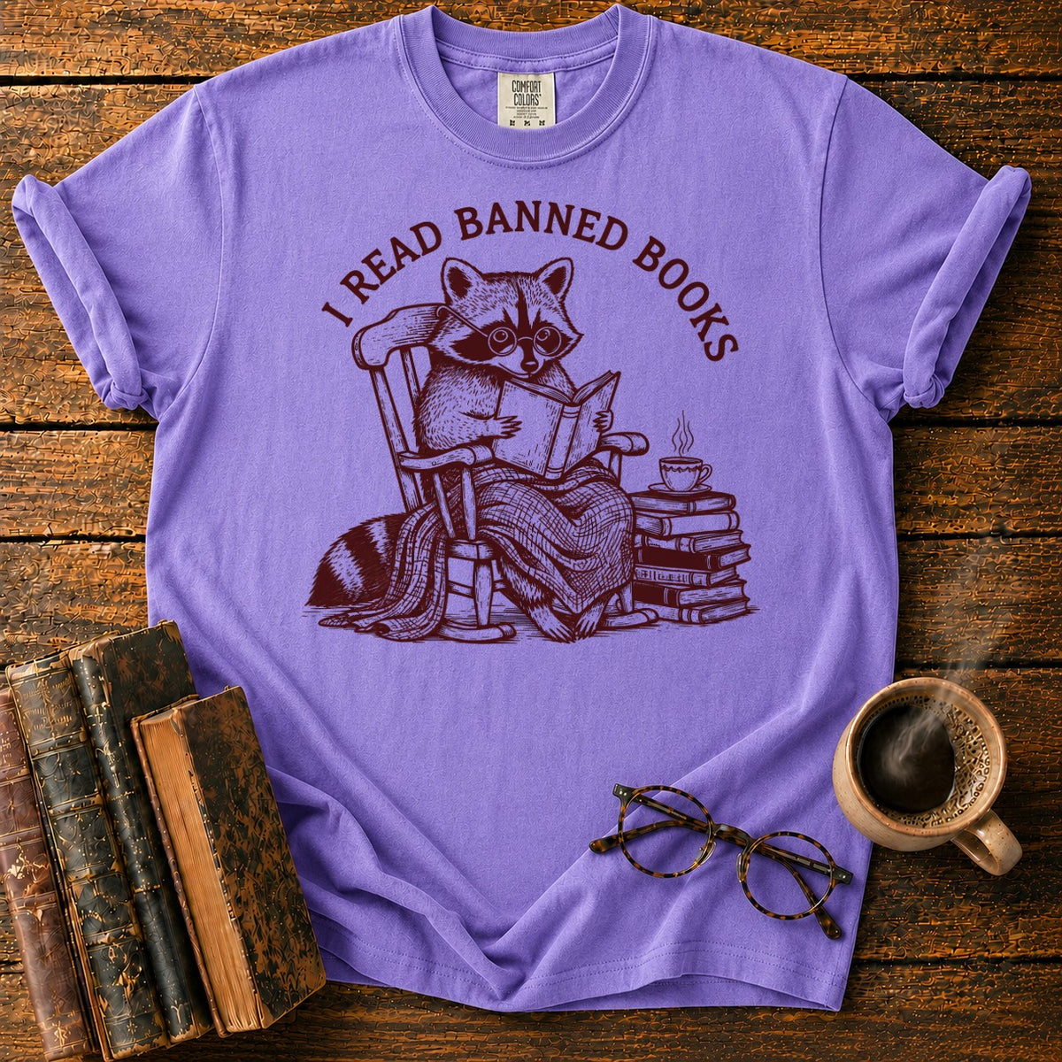 I Read Banned Books Raccoon T-Shirt in Violet – BooksThreads