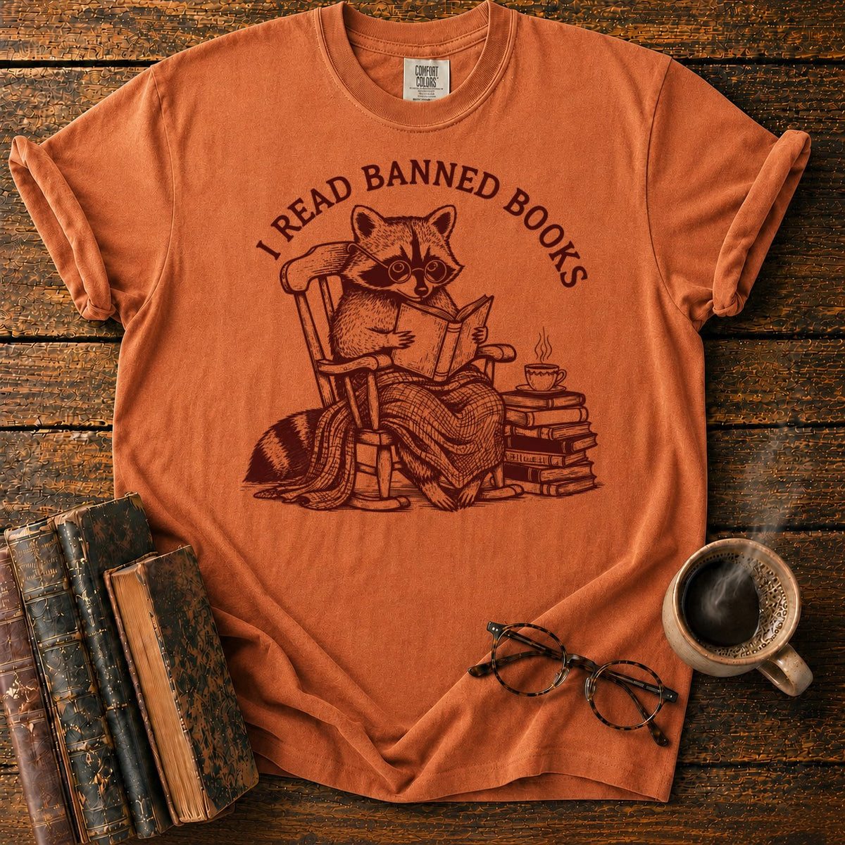 I Read Banned Books Raccoon T-Shirt in Yam – BooksThreads