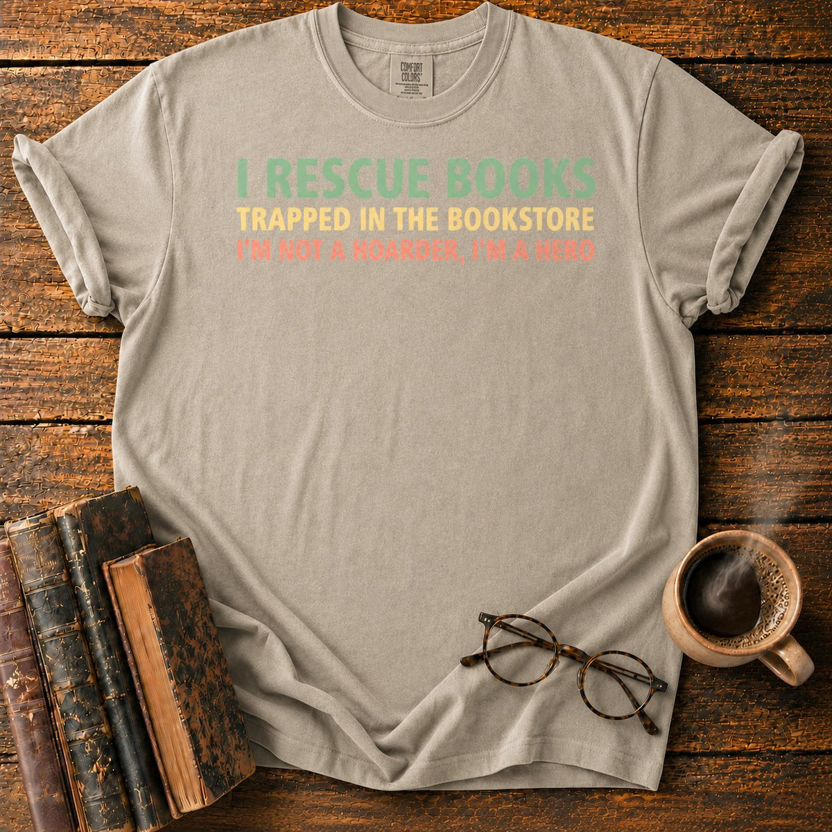 I Rescue Books T-Shirt in Khaki – BooksThreads