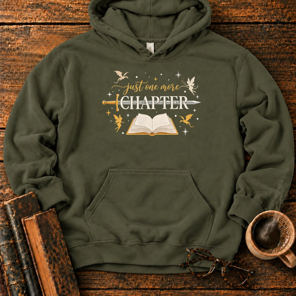 Just One More Chapter Hoodie in Military Green – BooksThreads