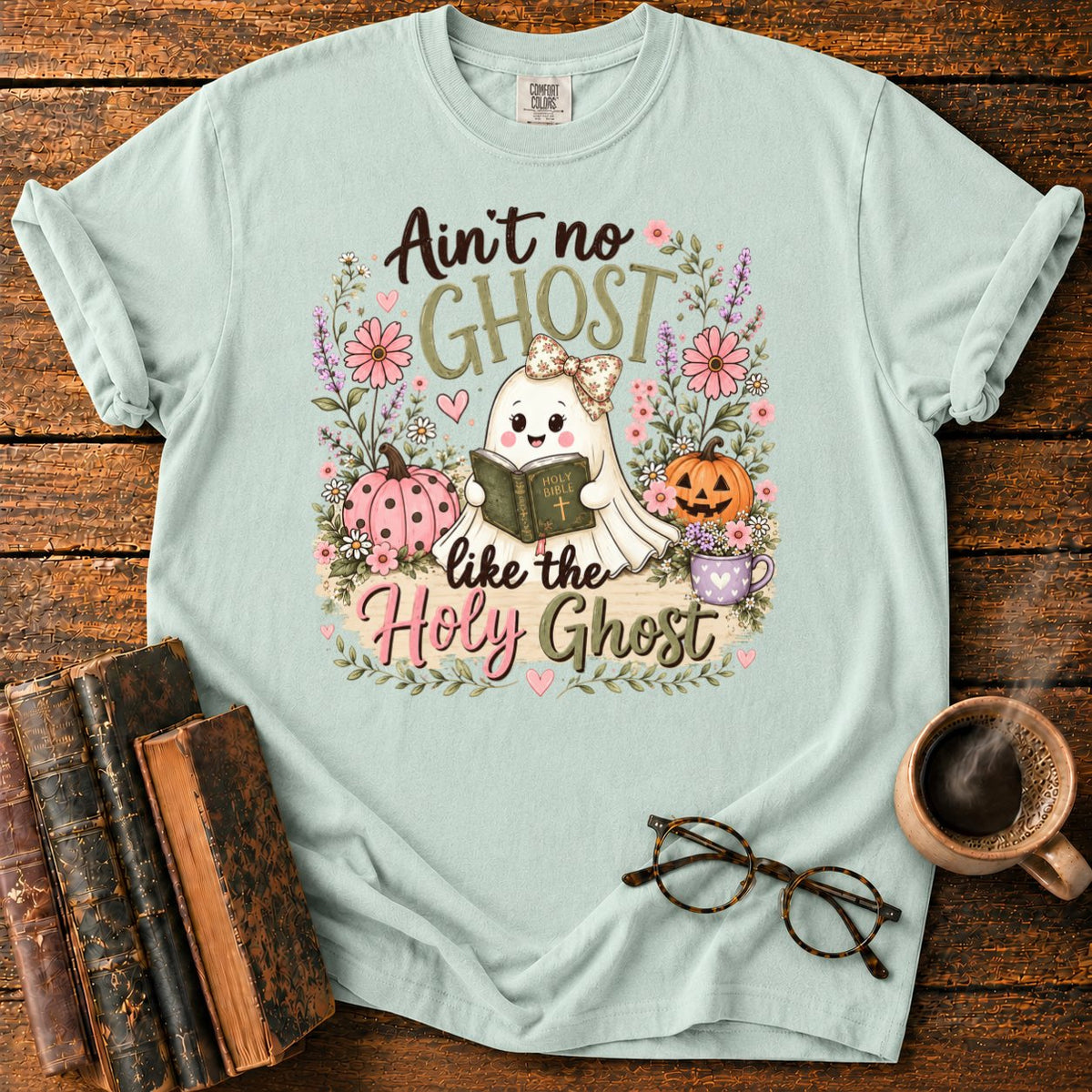 Kawaii Ghost Autumn Floral T-Shirt in Bay – BooksThreads