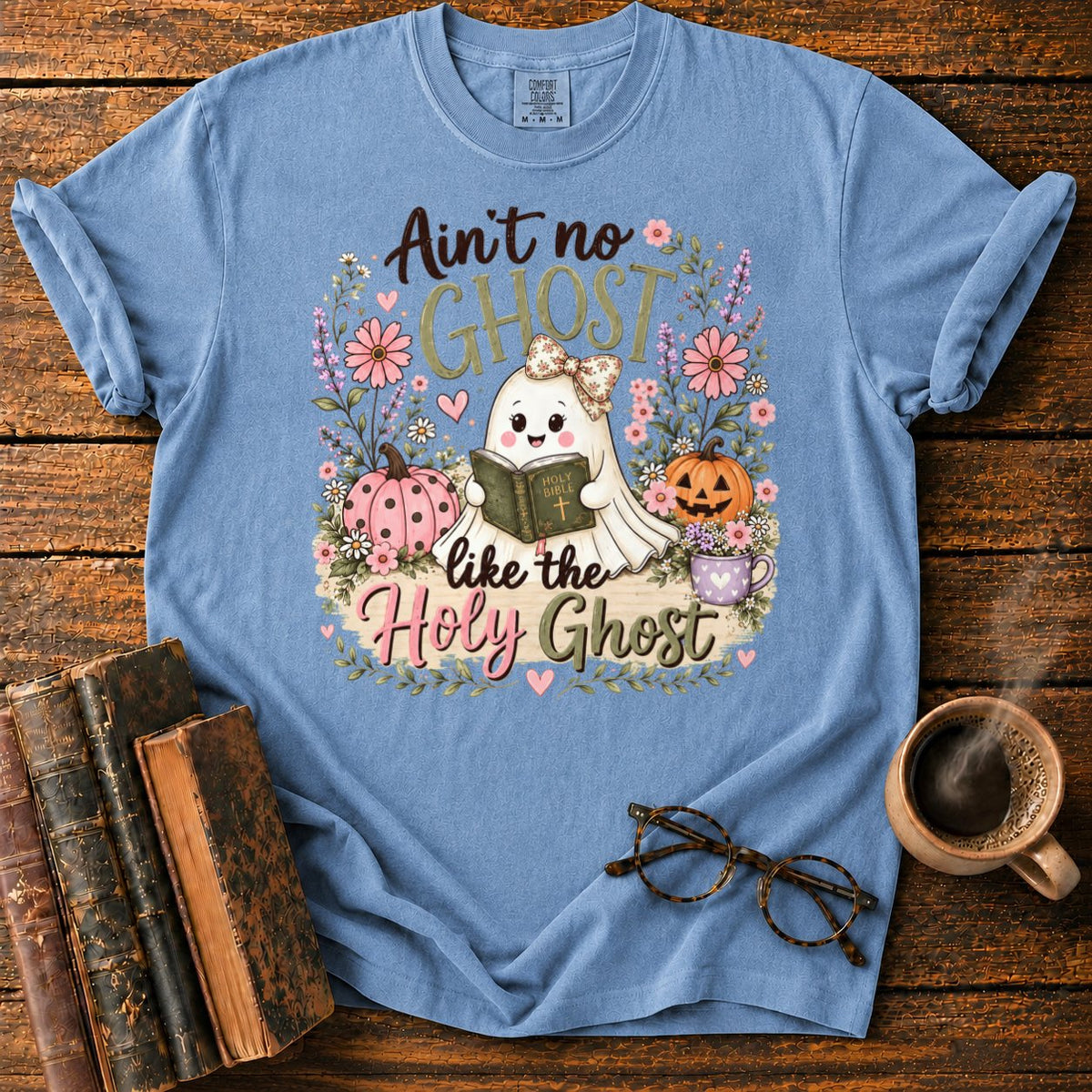 Kawaii Ghost Autumn Floral T-Shirt in Blue Jean – BooksThreads