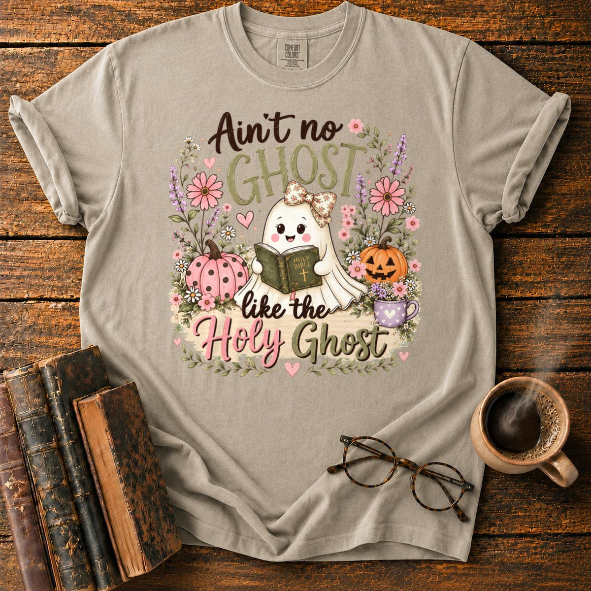 Kawaii Ghost Autumn Floral T-Shirt in Khaki – BooksThreads