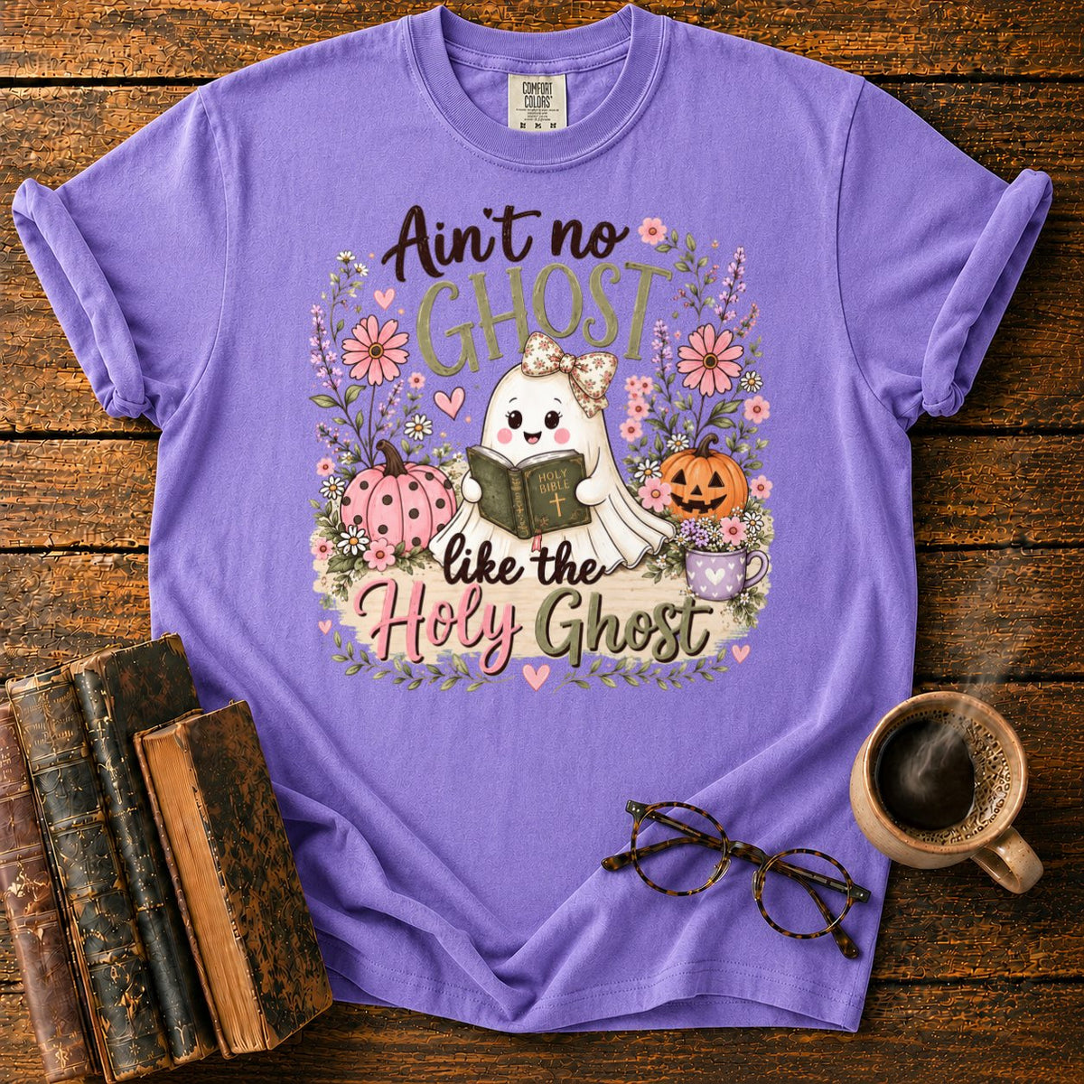 Kawaii Ghost Autumn Floral T-Shirt in Violet – BooksThreads