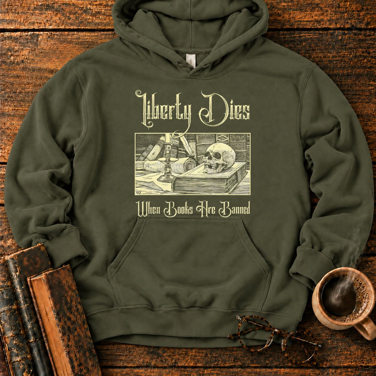 Liberty Dies When Books Are Banned Hoodie in Military Green – BooksThreads