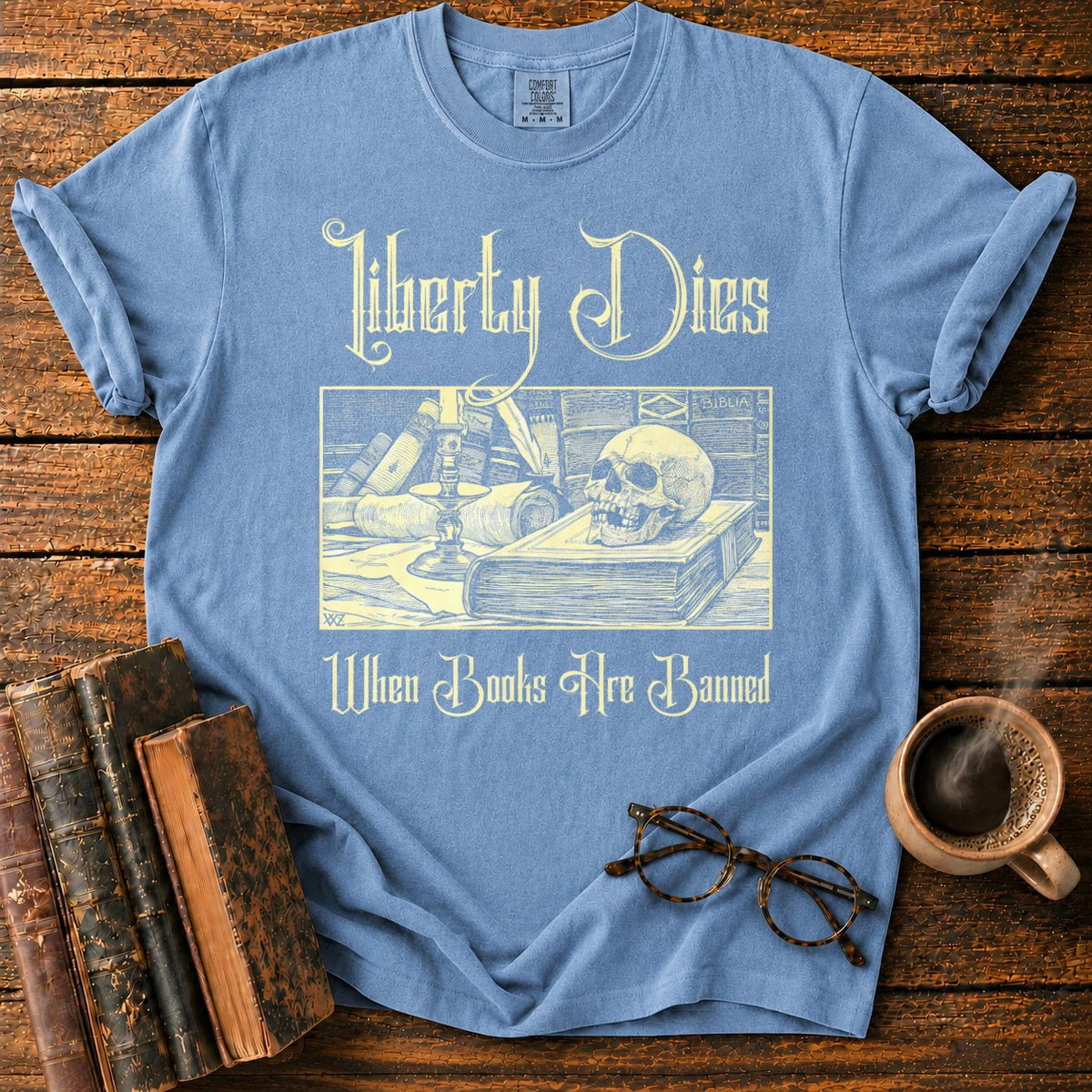 Liberty Dies When Books Are Banned T-Shirt in Blue Jean – BooksThreads