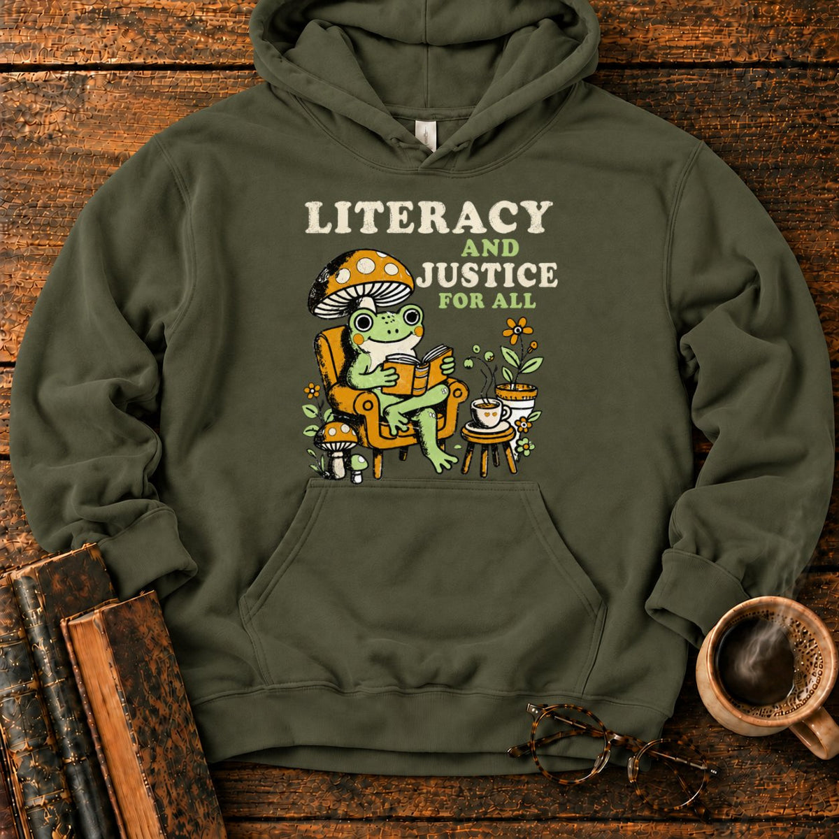 Literacy And Justice For All Hoodie in Military Green – BooksThreads