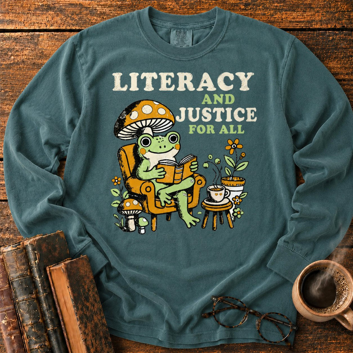 Literacy And Justice For All LS T-Shirt in Blue Spruce – BooksThreads