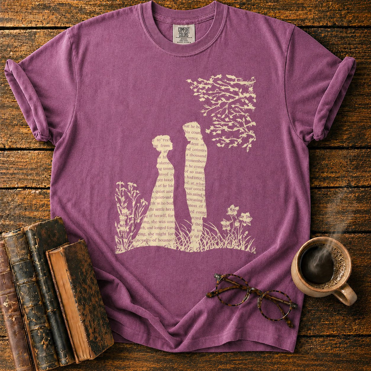 Literary Silhouettes Beneath A Flock T-Shirt in Berry – BooksThreads