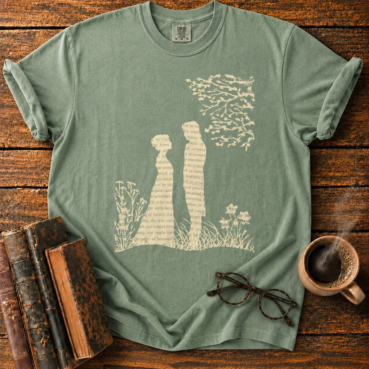Literary Silhouettes Beneath A Flock T-Shirt in Moss – BooksThreads