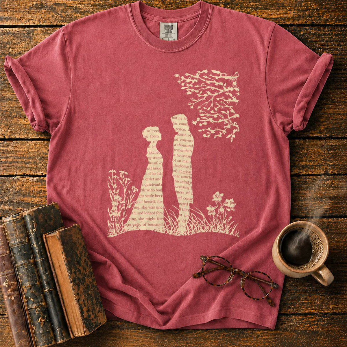 Literary Silhouettes Beneath A Flock T-Shirt in Watermelon – BooksThreads