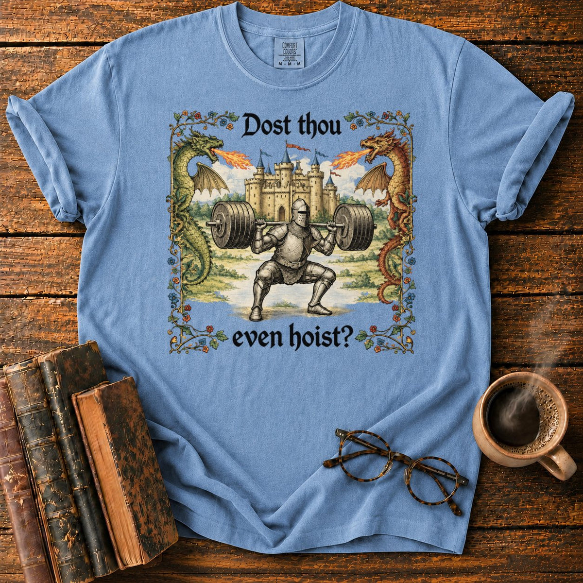 Medieval Knight’s Dragon Slaying Squat T-Shirt in Blue Jean – BooksThreads