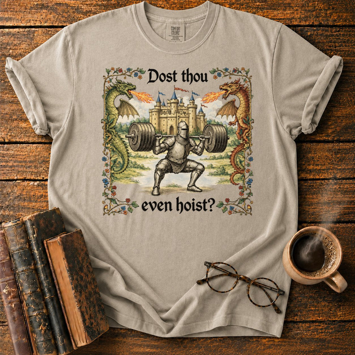 Medieval Knight’s Dragon Slaying Squat T-Shirt in Khaki – BooksThreads