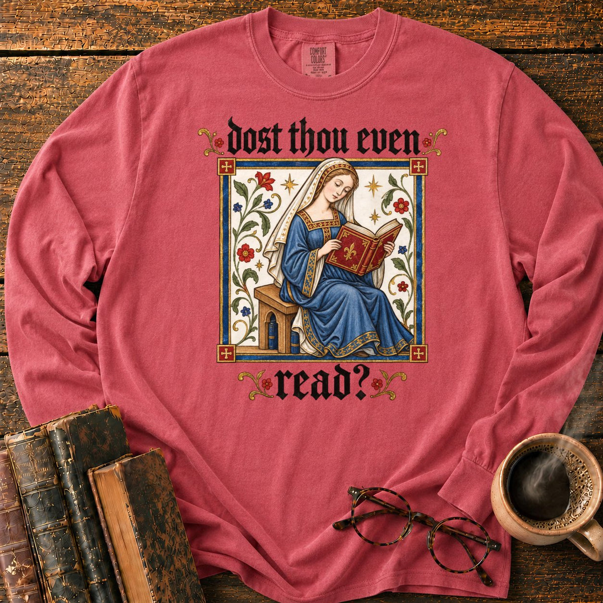 Medieval Reader Blackletter LS T-Shirt in Crimson – BooksThreads