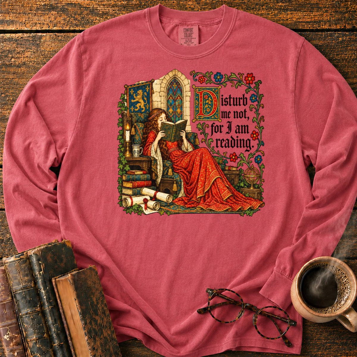 Medieval Woman Reading LS T-Shirt in Crimson – BooksThreads